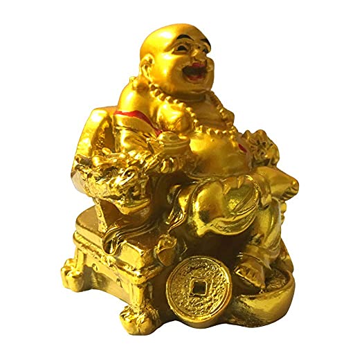 GJ Polyresin on Chair with Ingot and Money Coin Laughing Buddha for Health, Wealth, Prosperity (Gold, Standard) - Image 3
