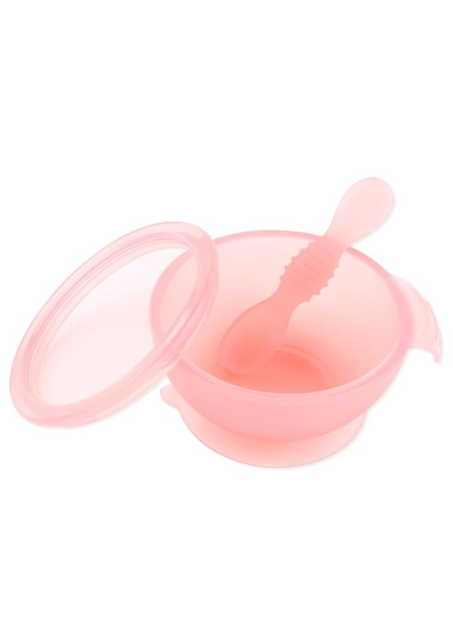Bumkins Feeding Set with Suction, Includes Spoon and Lid, Training Essentials for Baby-Led Weaning, Toddler Self-Feeding, Babies Eating at 4 Mos Up, Pink Jelly - Image 1