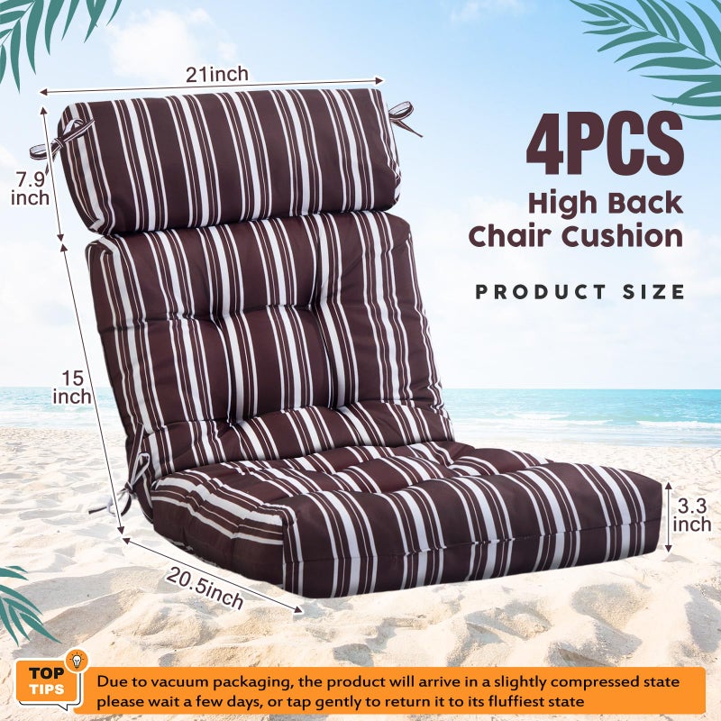 Barydat 4 Pcs Tufted High Back Chair Cushion Indoor Outdoor Seat and Back Cushions Palm Leaves Tropical Plants Lawn Rocking Chair Pads with Ties for Adirondack Patio Garden(Brown Stripes) - Image 2