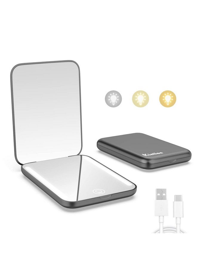 Kintion Rechargeable Pocket Mirror, Double Sided 1X/3X Magnification Compact Vanity Mirror, 3 Color Lights, Dimmable, Small Portable Wallet Mirror, Lighted Travel Mirror For Women Gifts, Black - Image 1