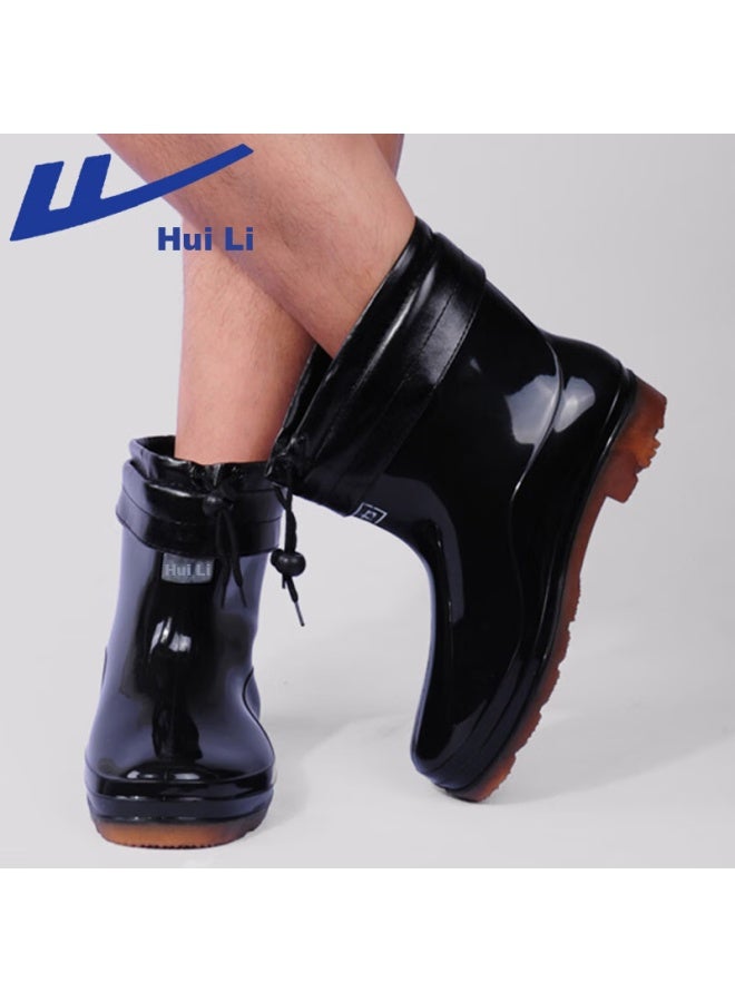Pull Back أحذية مطر حربية للرجال، أحذية مطاطية مقاومة للماء حتى منتصف الساق في الشتاء، مبطنة بالفليس، قابلة للفك، أحذية دافئة للماء، أحذية مطر، أحذية فوق الأحذية، 6557 أسود، مقاس 41 - Image 2