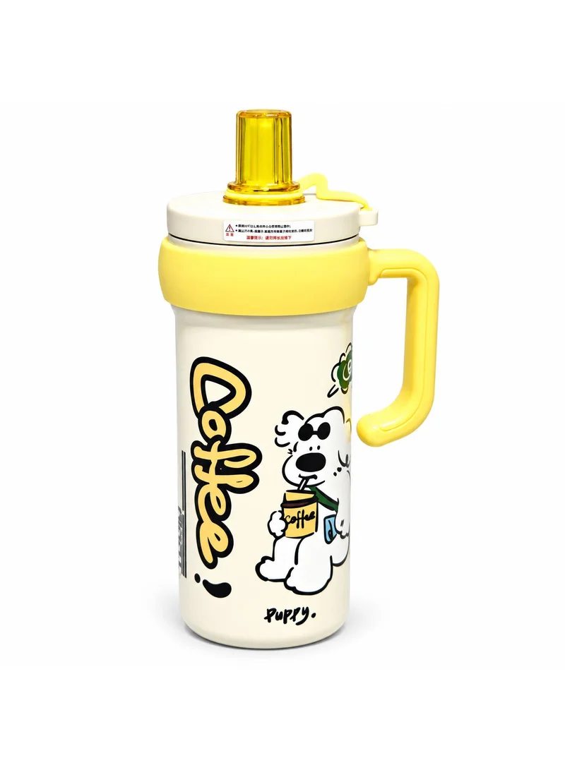 Tooly 600ml Stainless Steel 304 Vacuum Insulated Travel Flask Mug with Side Handle & Drinking Spout – Cute Puppy Graphic, Hot (12h) & Cold (24h) Water Bottle, BPA Free (Cream & Yellow)