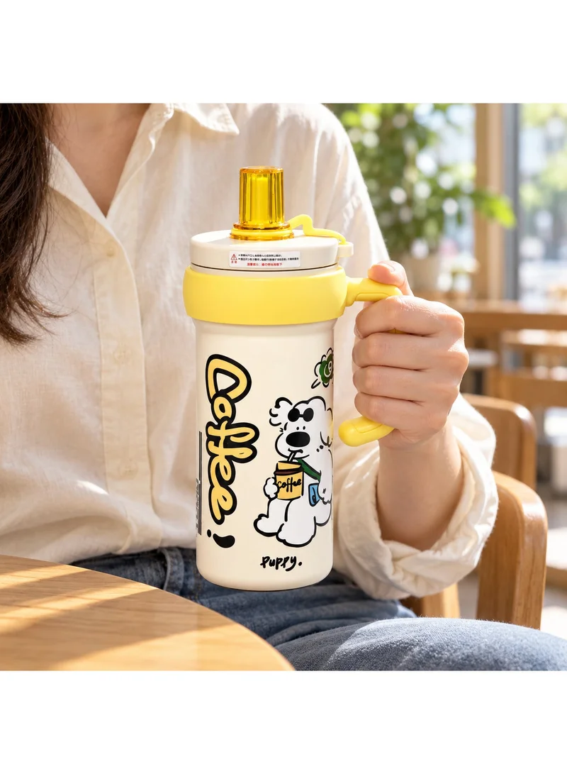 Tooly 600ml Stainless Steel 304 Vacuum Insulated Travel Flask Mug with Side Handle & Drinking Spout – Cute Puppy Graphic, Hot (12h) & Cold (24h) Water Bottle, BPA Free (Cream & Yellow)