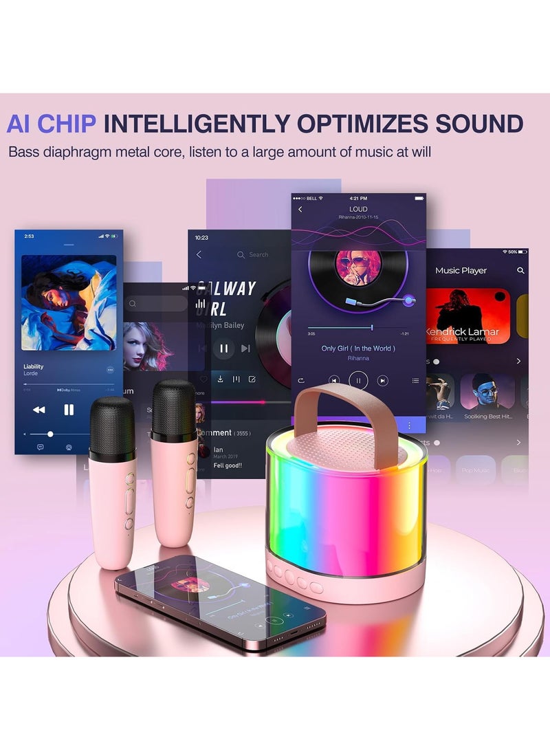 DIGI CORE Mini Karaoke Machine For Kids, Kids Karaoke Machine With 2 Microphone, Portable Karaoke Microphone For Kids Toys Birthday Gift Support TF/AUX Karaoke Speaker With Multi Colors LED Lights Pink  - Image 3