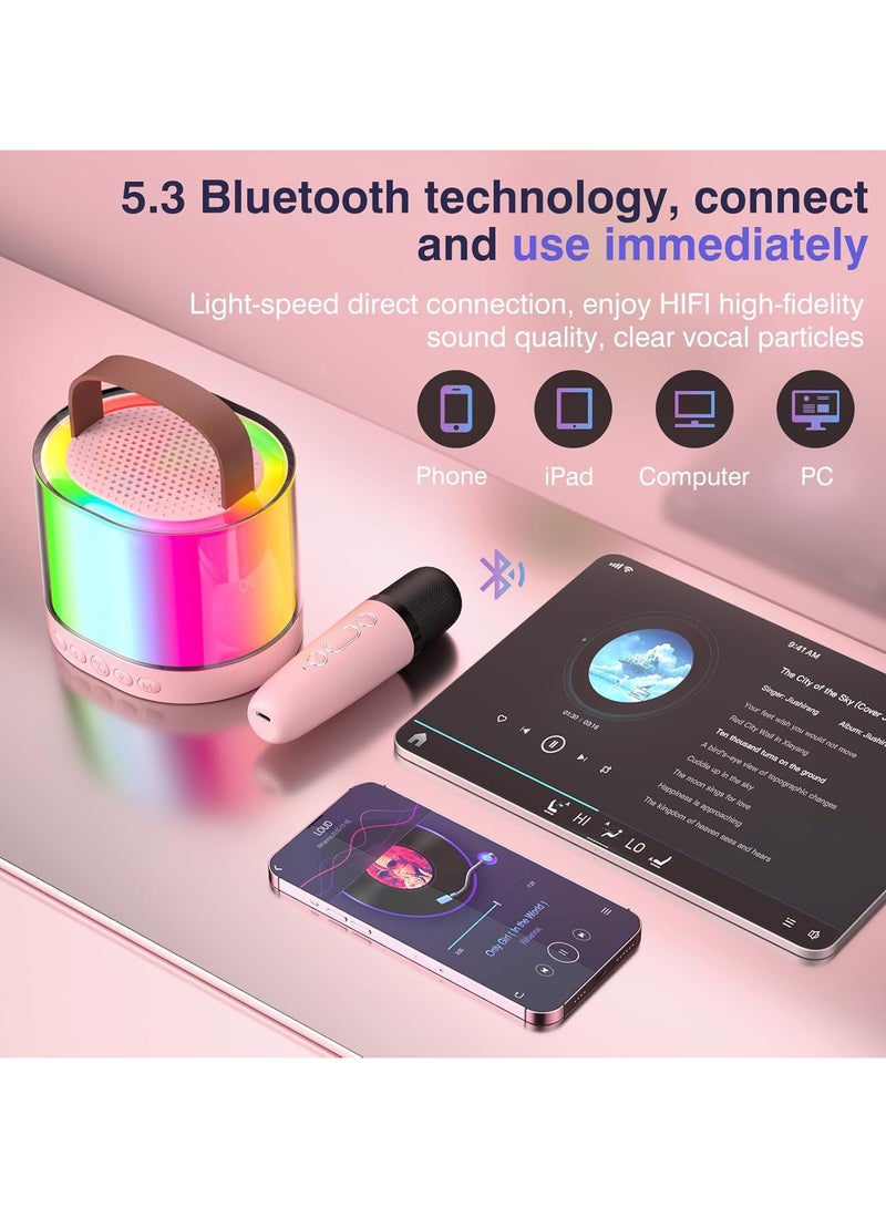 DIGI CORE Mini Karaoke Machine For Kids, Kids Karaoke Machine With 2 Microphone, Portable Karaoke Microphone For Kids Toys Birthday Gift Support TF/AUX Karaoke Speaker With Multi Colors LED Lights Pink  - Image 4