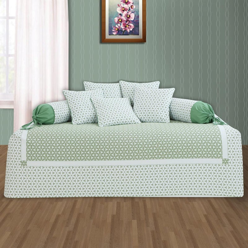 Victor Soft Cotton Hexa Flower Design Jacquard Diwan Set Pista Green 1 Bed Cover 61x90 2 Bolsters 16 x 29 and 5 Cushion Covers 16 x 16 8 Pieces - Image 2