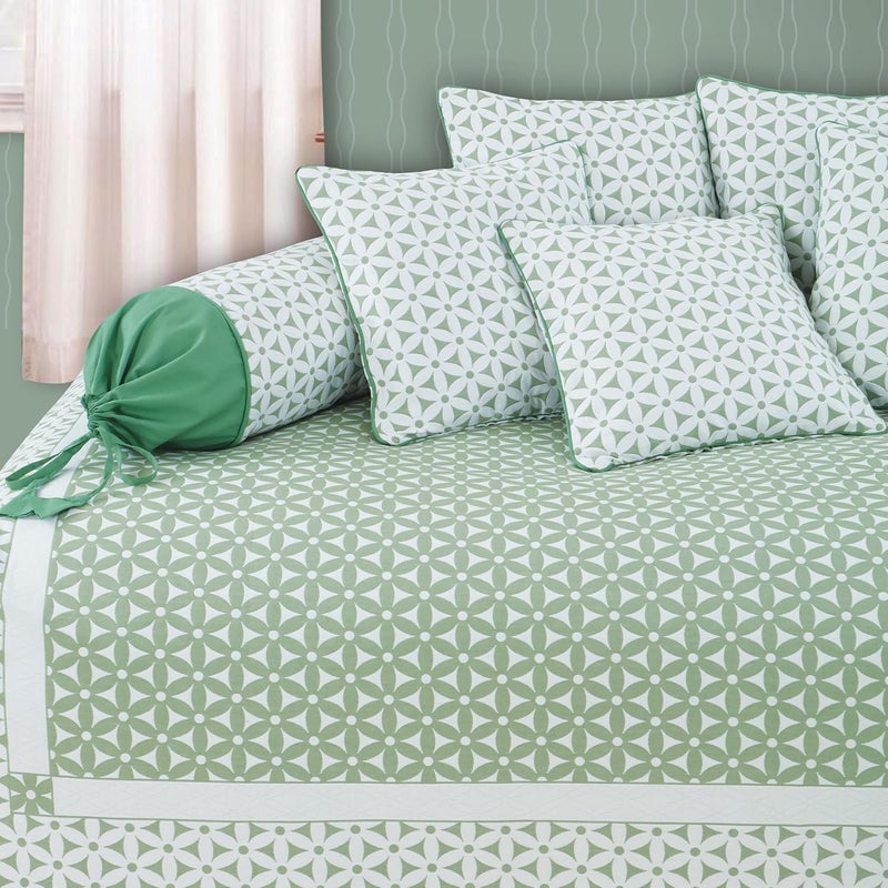 Victor Soft Cotton Hexa Flower Design Jacquard Diwan Set Pista Green 1 Bed Cover 61x90 2 Bolsters 16 x 29 and 5 Cushion Covers 16 x 16 8 Pieces - Image 3