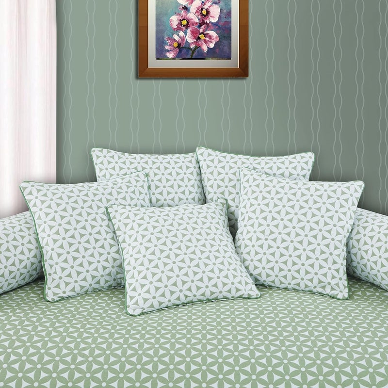 Victor Soft Cotton Hexa Flower Design Jacquard Diwan Set Pista Green 1 Bed Cover 61x90 2 Bolsters 16 x 29 and 5 Cushion Covers 16 x 16 8 Pieces - Image 1