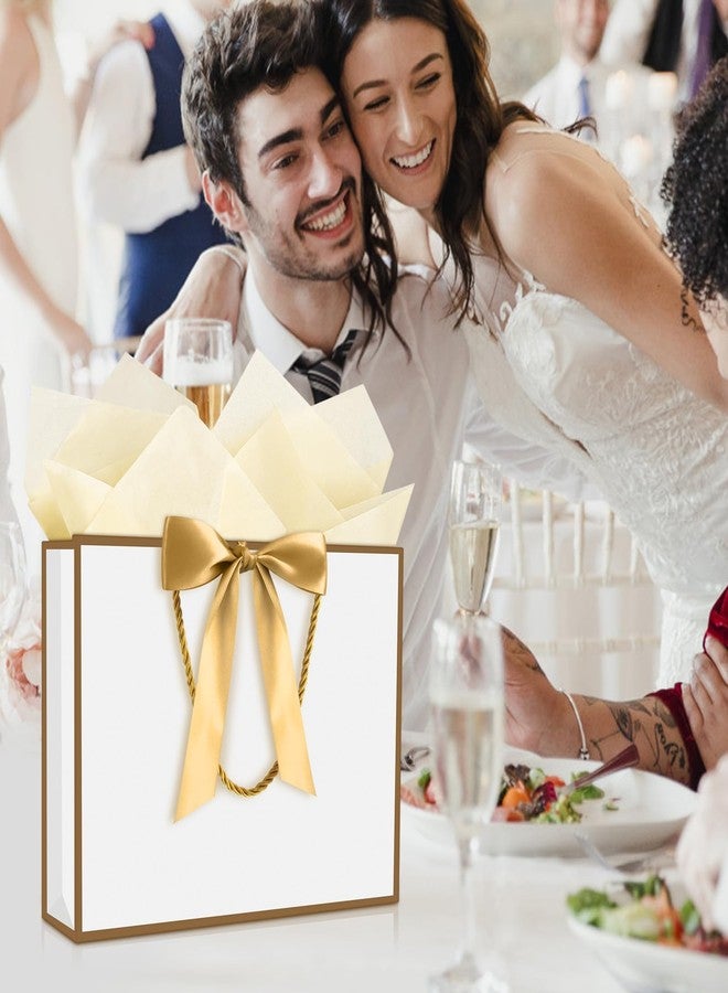 YoungTree Medium Gift Bag with Ribbon and Greeting Card 2 Tissue Papers, Paper Birthday Gift Bags with Handles, Elegant Present Bags for Valentines Day Wedding Engagement Party Supplies (White-Gold) - Image 2