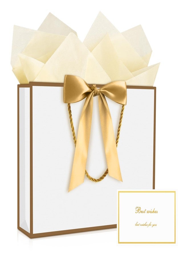 YoungTree Medium Gift Bag with Ribbon and Greeting Card 2 Tissue Papers, Paper Birthday Gift Bags with Handles, Elegant Present Bags for Valentines Day Wedding Engagement Party Supplies (White-Gold) - Image 1
