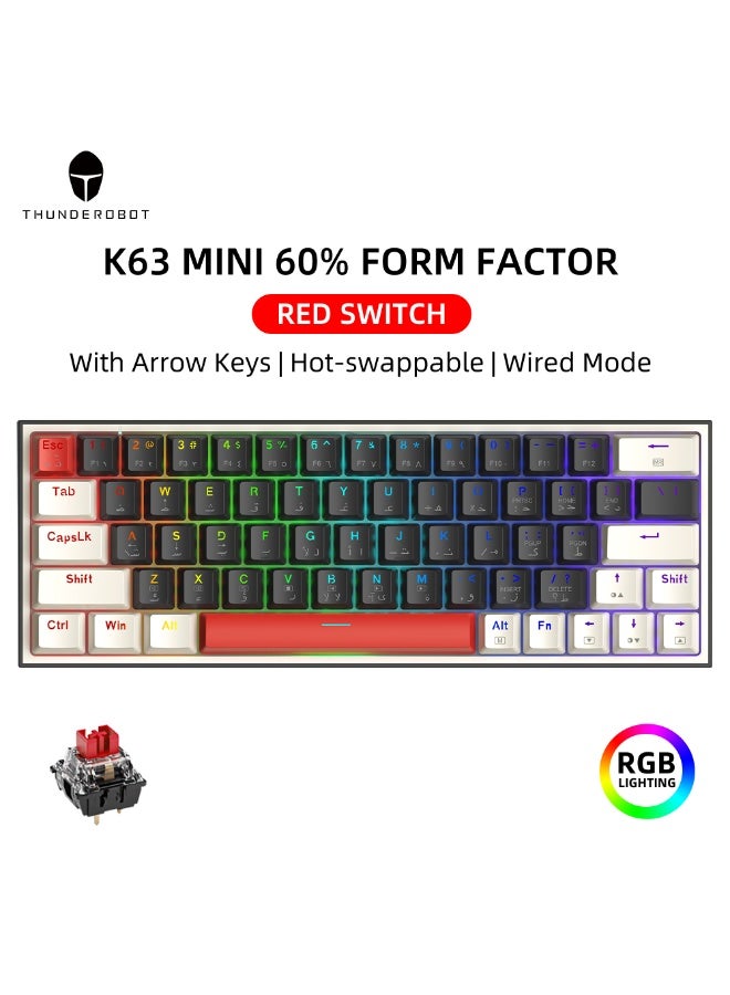 ثوندروبوت لوحة مفاتيح ميكانيكية عربية K63، مفتاح أحمر، سلكية RGB ANSI 60%، تخطيط 63 مفتاحًا مع مفاتيح الأسهم، لوحة مفاتيح ألعاب قابلة للتبديل السريع للاعبين - أسود/أبيض - Image 1