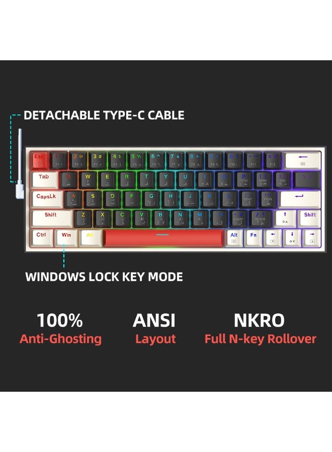 ثوندروبوت لوحة مفاتيح ميكانيكية عربية K63، مفتاح أحمر، سلكية RGB ANSI 60%، تخطيط 63 مفتاحًا مع مفاتيح الأسهم، لوحة مفاتيح ألعاب قابلة للتبديل السريع للاعبين - أسود/أبيض - Image 5