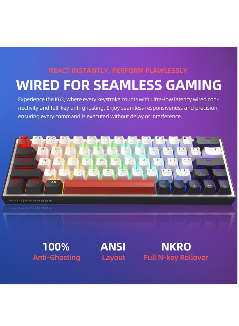 ثوندروبوت لوحة مفاتيح ميكانيكية عربية K63، مفتاح أحمر، سلكية RGB ANSI 60%، تخطيط 63 مفتاحًا مع مفاتيح الأسهم، لوحة مفاتيح ألعاب قابلة للتبديل السريع للاعبين - أسود/أبيض - Image 3