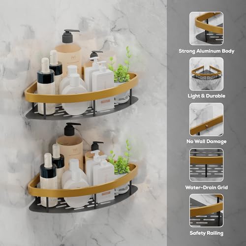 MIORAH Self Adhesive Adjustable Bathroom Organizer Corner Shelf – Rustproof Powder Coated Aluminium – Wall Mounted Storage No Drilling Required Gold Pack of 2 - Image 3