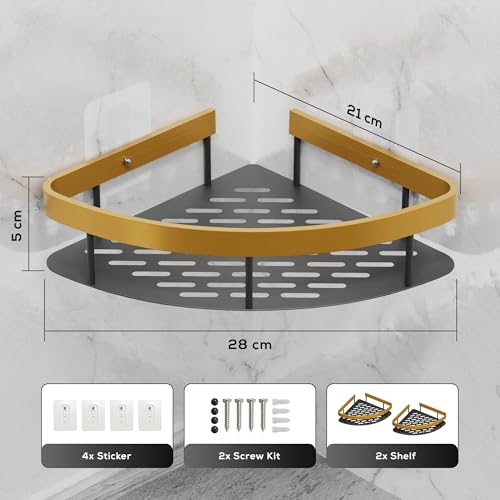 MIORAH Self Adhesive Adjustable Bathroom Organizer Corner Shelf – Rustproof Powder Coated Aluminium – Wall Mounted Storage No Drilling Required Gold Pack of 2 - Image 2