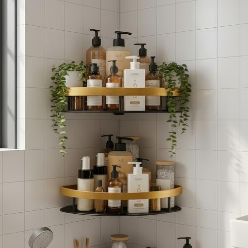 MIORAH Self Adhesive Adjustable Bathroom Organizer Corner Shelf – Rustproof Powder Coated Aluminium – Wall Mounted Storage No Drilling Required Gold Pack of 2 - Image 1