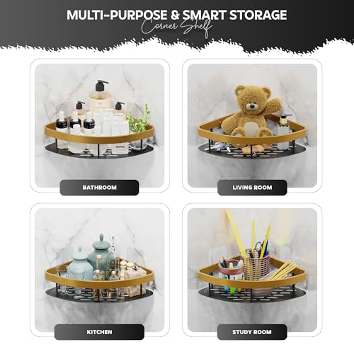 MIORAH Self Adhesive Adjustable Bathroom Organizer Corner Shelf – Rustproof Powder Coated Aluminium – Wall Mounted Storage No Drilling Required Gold Pack of 2 - Image 4