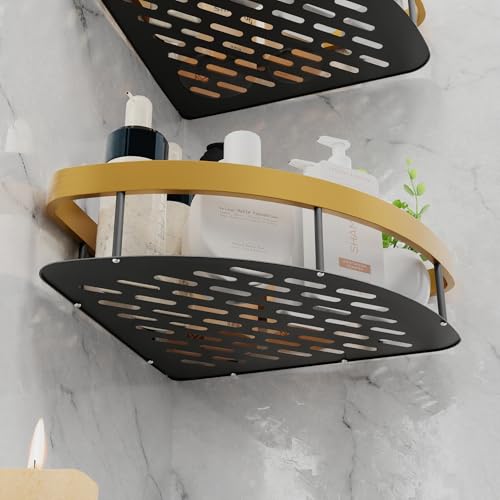 MIORAH Self Adhesive Adjustable Bathroom Organizer Corner Shelf – Rustproof Powder Coated Aluminium – Wall Mounted Storage No Drilling Required Gold Pack of 2 - Image 5