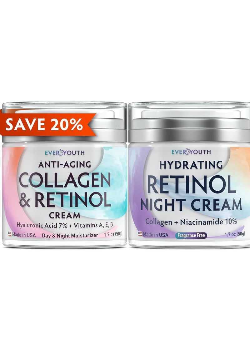 Everyouth - Day & Night Cream Bundle (Save 20%), Face Moisturizer Face Creams with Collagen, Retinol, Hyaluronic Acid & Niacinamide 7%, Made in USA, For Face, Neck & Décolleté, Skin Repair Duo - Image 1