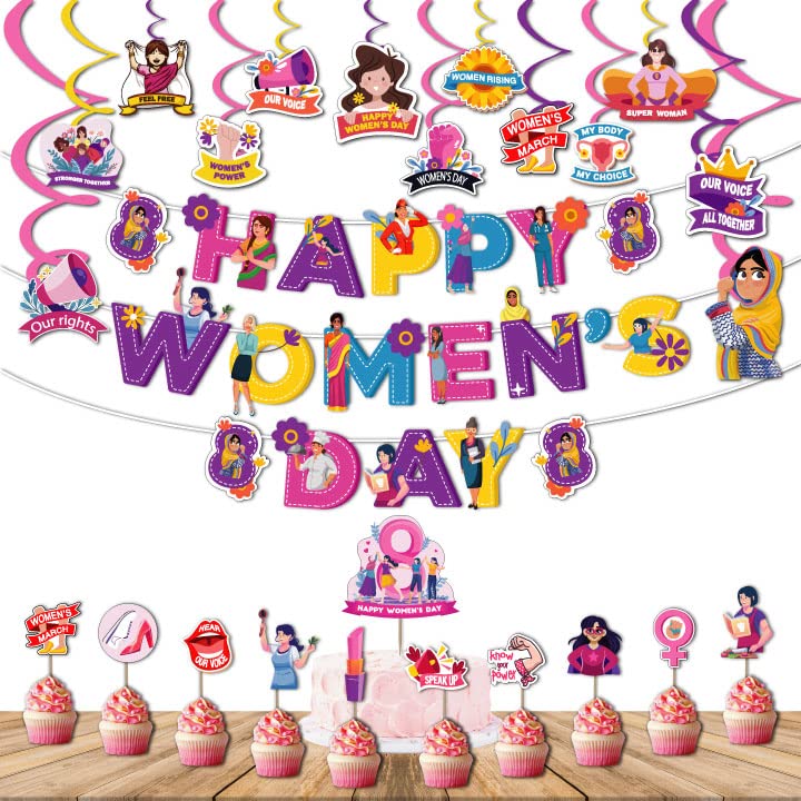 Festiko® Happy Womens Day Decoration Pack Of 38 Pcs,International Womens Day,Decoration Combo,Womens Day Theme Decoration with Banner,Swirls,Cake Topper,Cup Cake Topper - Image 1