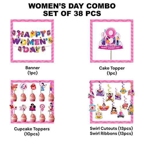 Festiko® Happy Womens Day Decoration Pack Of 38 Pcs,International Womens Day,Decoration Combo,Womens Day Theme Decoration with Banner,Swirls,Cake Topper,Cup Cake Topper - Image 2