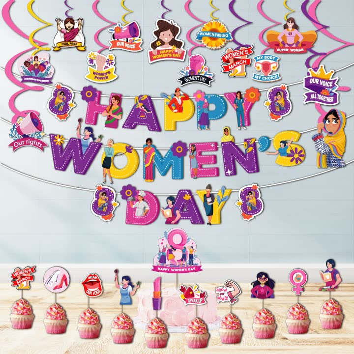 Festiko® Happy Womens Day Decoration Pack Of 38 Pcs,International Womens Day,Decoration Combo,Womens Day Theme Decoration with Banner,Swirls,Cake Topper,Cup Cake Topper - Image 3