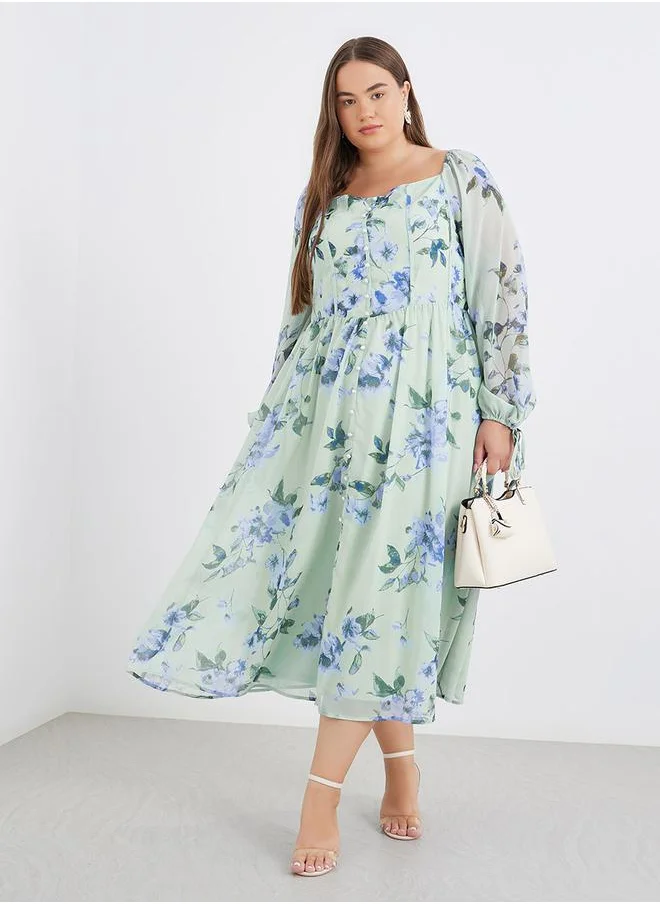 Styli Styli Plus Green Midi Dress with Floral Print