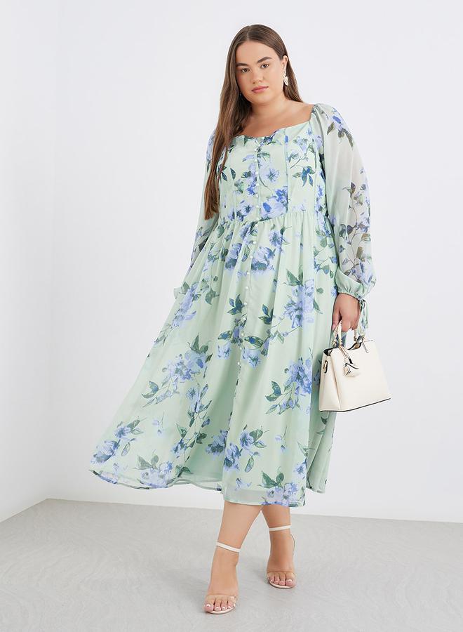 Styli Plus Green Midi Dress with Floral Print - Image 2