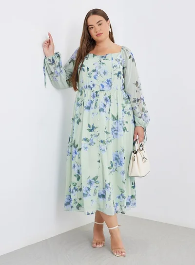 Styli Plus Green Midi Dress with Floral Print