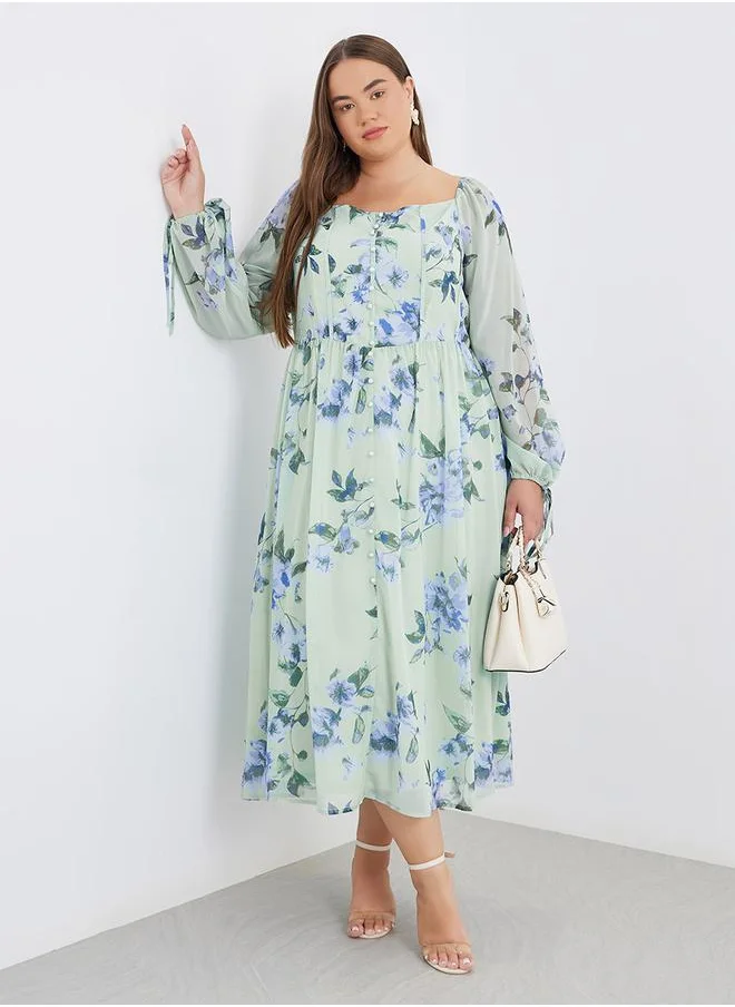 Styli Styli Plus Green Midi Dress with Floral Print
