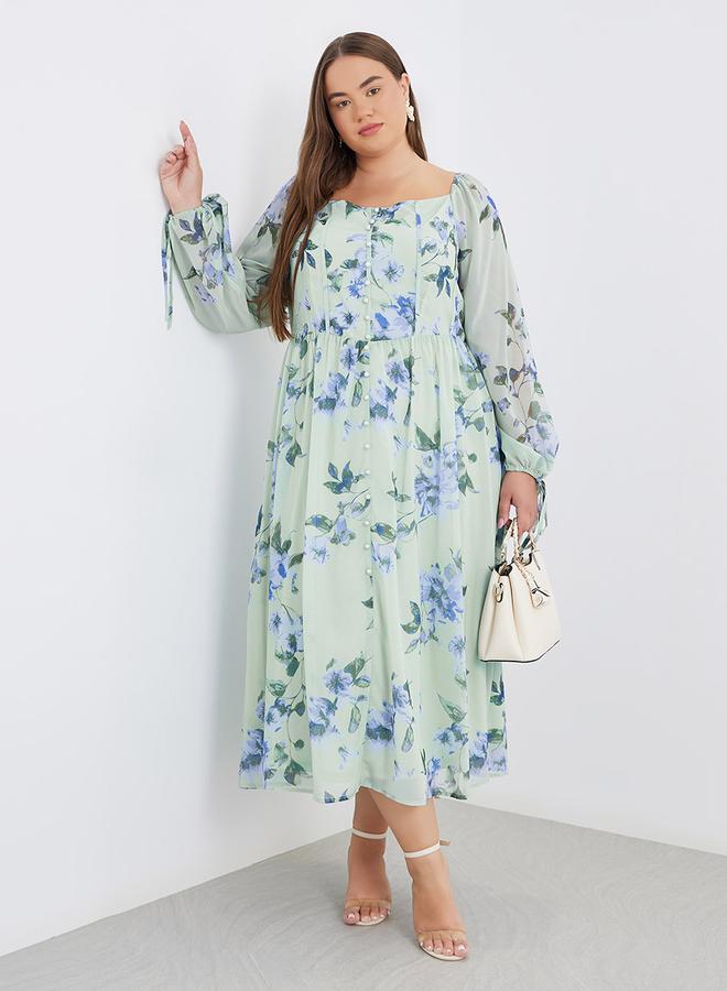 Styli Plus Green Midi Dress with Floral Print - Image 1