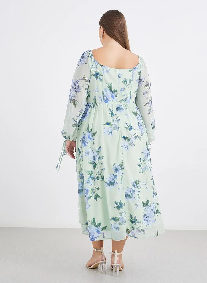 Styli Styli Plus Green Midi Dress with Floral Print