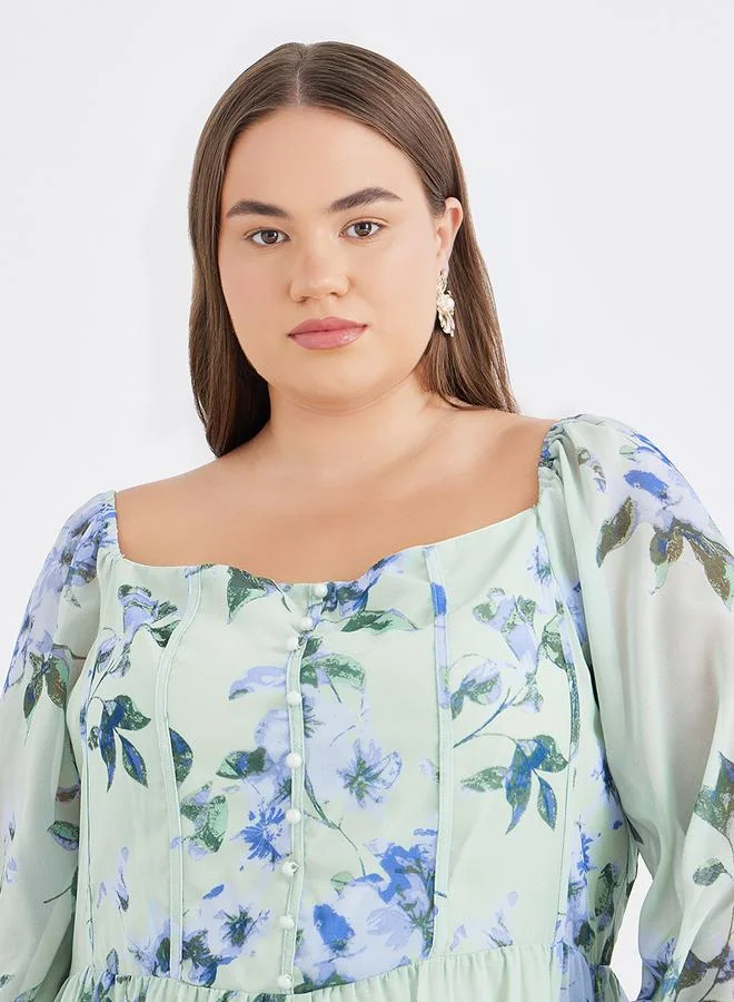 Styli Styli Plus Green Midi Dress with Floral Print