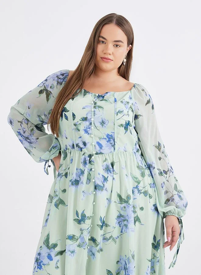 Styli Styli Plus Green Midi Dress with Floral Print