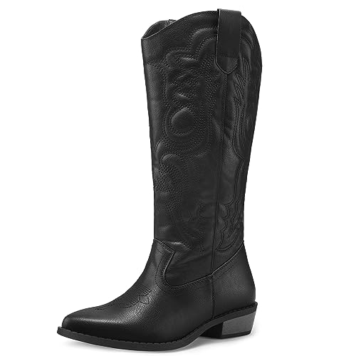 mysoft Women's Cowboy Boots Mid Calf Cowgirl Embroidered Western Pointed Toe Chunky Heel Pull On Knee High Boots - Image 1