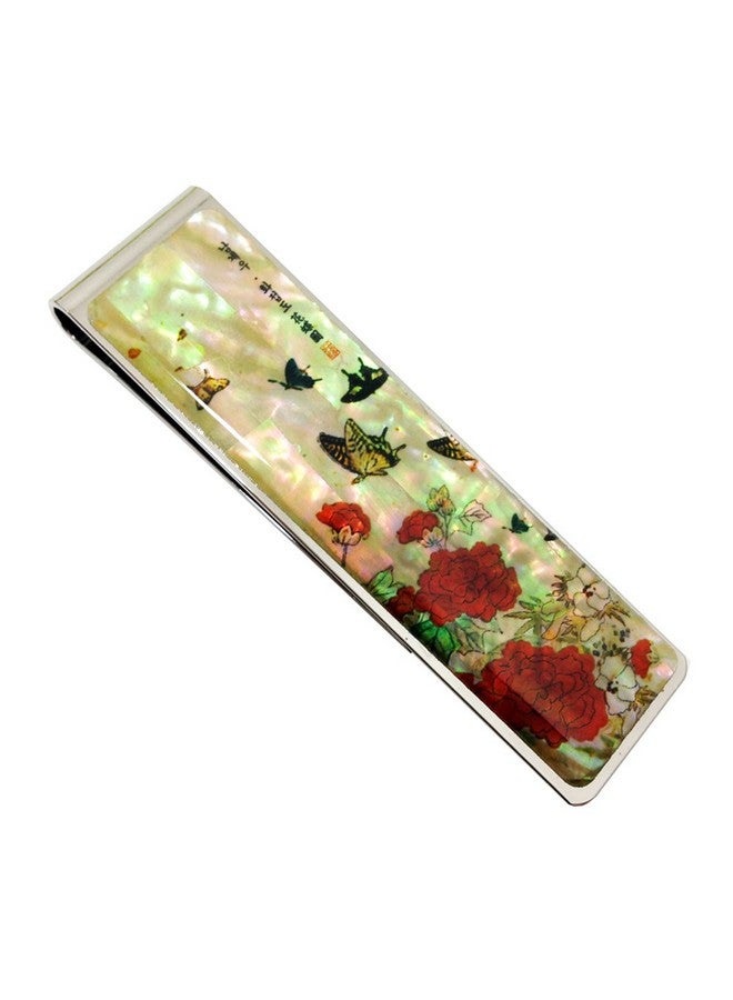 Antique Alive Mother Of Pearl Red Peony Flower Butterfly Slim Stainless Steel Metal Money Clip Holder - Image 1