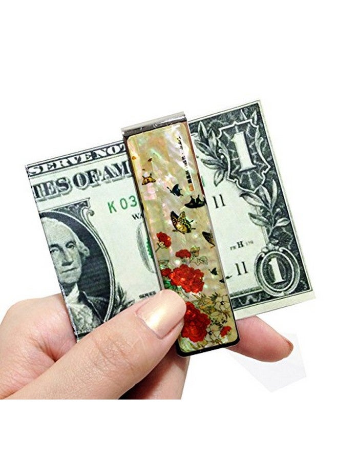 Antique Alive Mother Of Pearl Red Peony Flower Butterfly Slim Stainless Steel Metal Money Clip Holder - Image 3