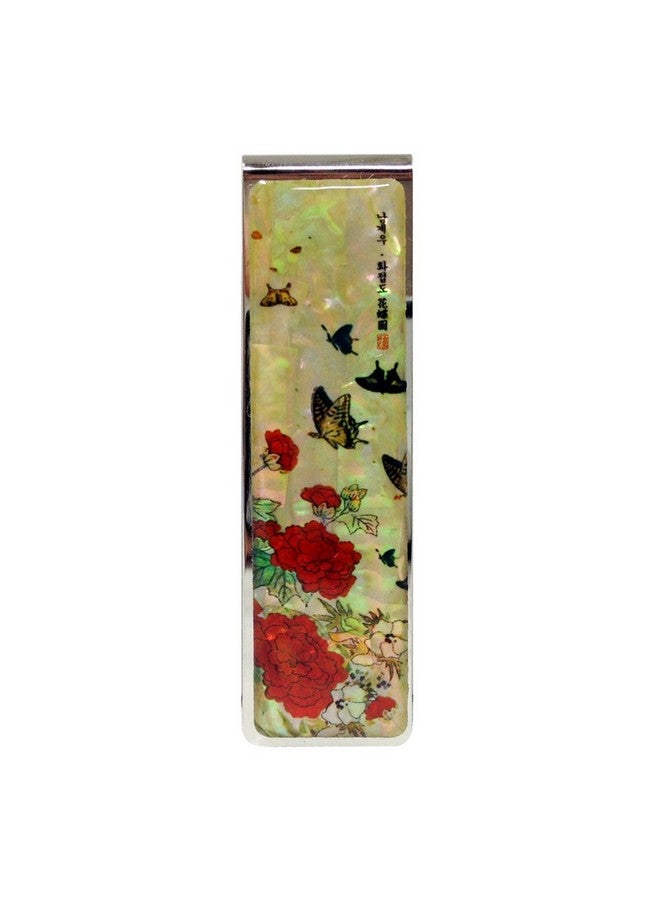 Antique Alive Mother Of Pearl Red Peony Flower Butterfly Slim Stainless Steel Metal Money Clip Holder - Image 2