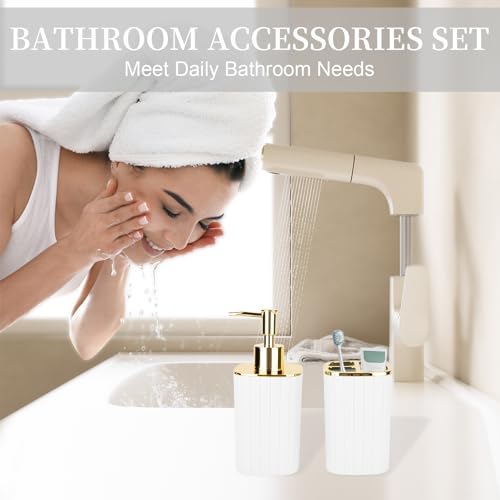 RRM 2PCS Bathroom Accessories Set, White and Gold Bathroom Accessories Include Soap Dispenser and Toothbrush Holder for Boho Bathroom Decor - Image 2