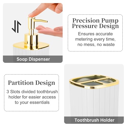 RRM 2PCS Bathroom Accessories Set, White and Gold Bathroom Accessories Include Soap Dispenser and Toothbrush Holder for Boho Bathroom Decor - Image 3