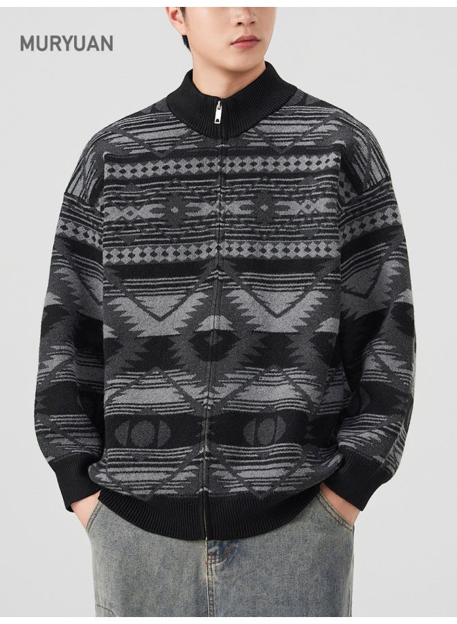 FAIR Isle Cardigan Stand Collar Sweater Men's Autumn Winter New Jacquard Ethnic Style Knitted Coat - Image 1