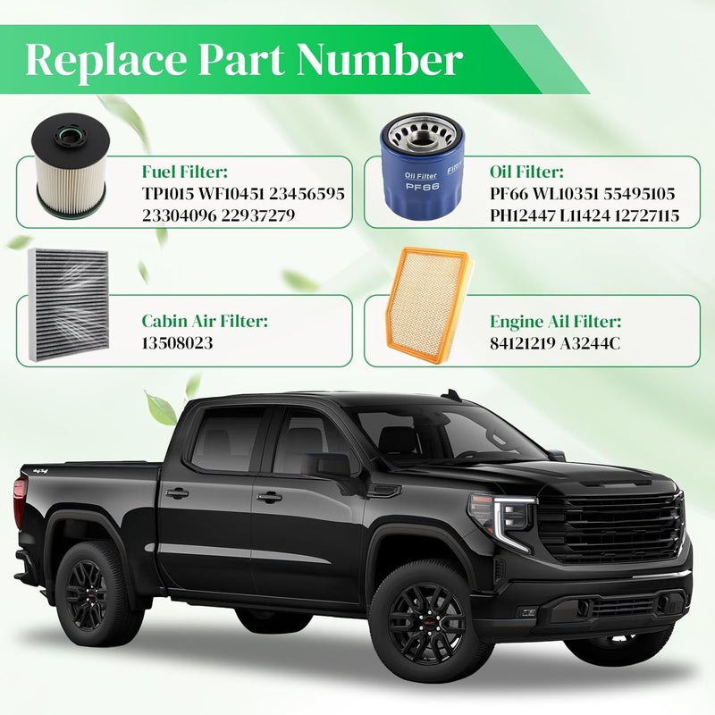 مجموعة مرشحات TP1015 ديزل 3.0 لتر ديوماكس متوافقة مع 2020-2023 GMC سييرا/يوكون XL لشيفروليه سيلفرادو 1500/سوبيربان/تاهو، مرشح وقود/زيت/مقصورة/هواء، بديل PF66 13508023 A3244C TP1015 - Image 3