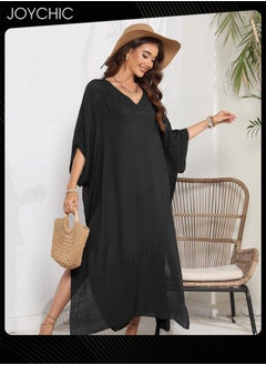 Joychic Solid Color Women Summer Middle Sleeve V-Neck Loose Casual Skin-friendly Breathable Long Beach Cover Up  - Image 2