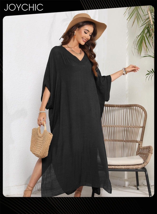 Joychic غطاء شاطئي طويل للنساء بأكمام متوسطة وفتحة على شكل حرف V بلون موحد، فضفاض، غير ضاغط على البشرة، ومناسب للصيف، قابل للتنفس - Image 2