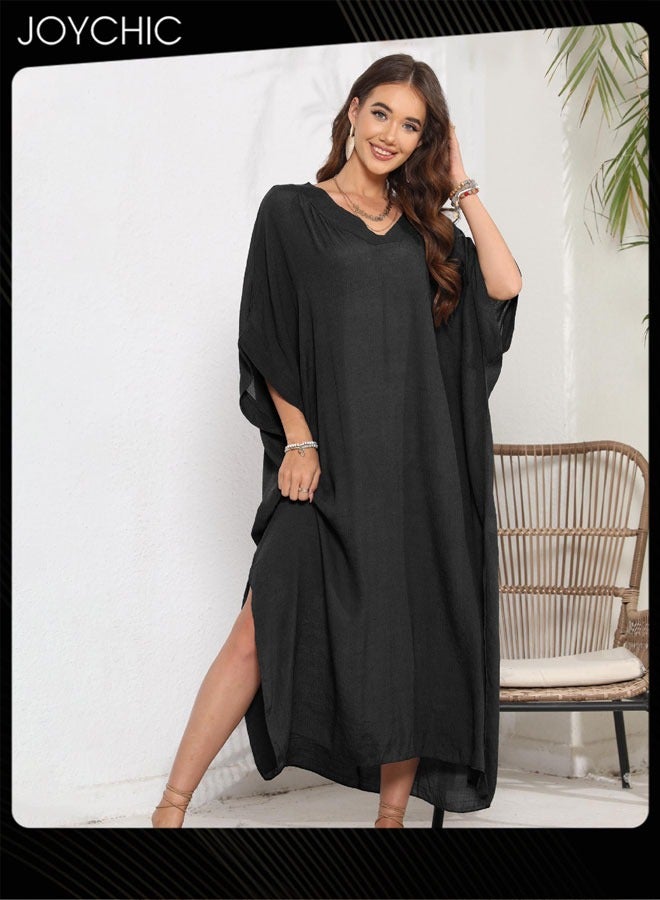 Joychic غطاء شاطئي طويل للنساء بأكمام متوسطة وفتحة على شكل حرف V بلون موحد، فضفاض، غير ضاغط على البشرة، ومناسب للصيف، قابل للتنفس - Image 3