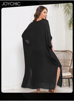 Joychic Solid Color Women Summer Middle Sleeve V-Neck Loose Casual Skin-friendly Breathable Long Beach Cover Up  - Image 4