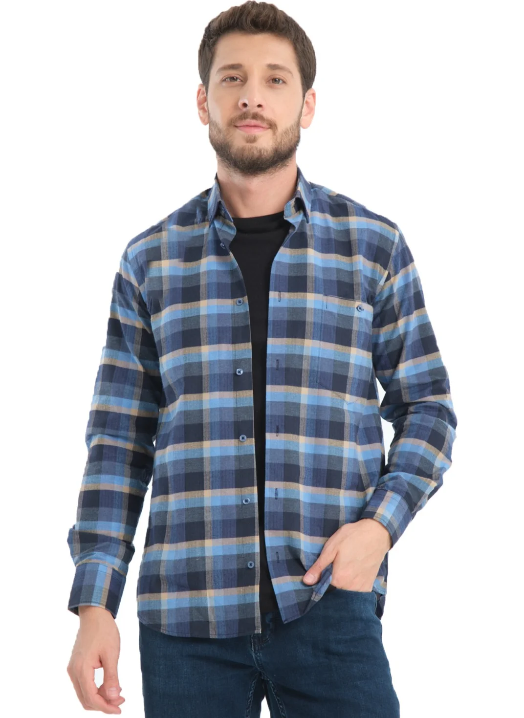 Varetta Men's Navy Blue Checkered Winter Woolen Pocket Wide Cut Shirt