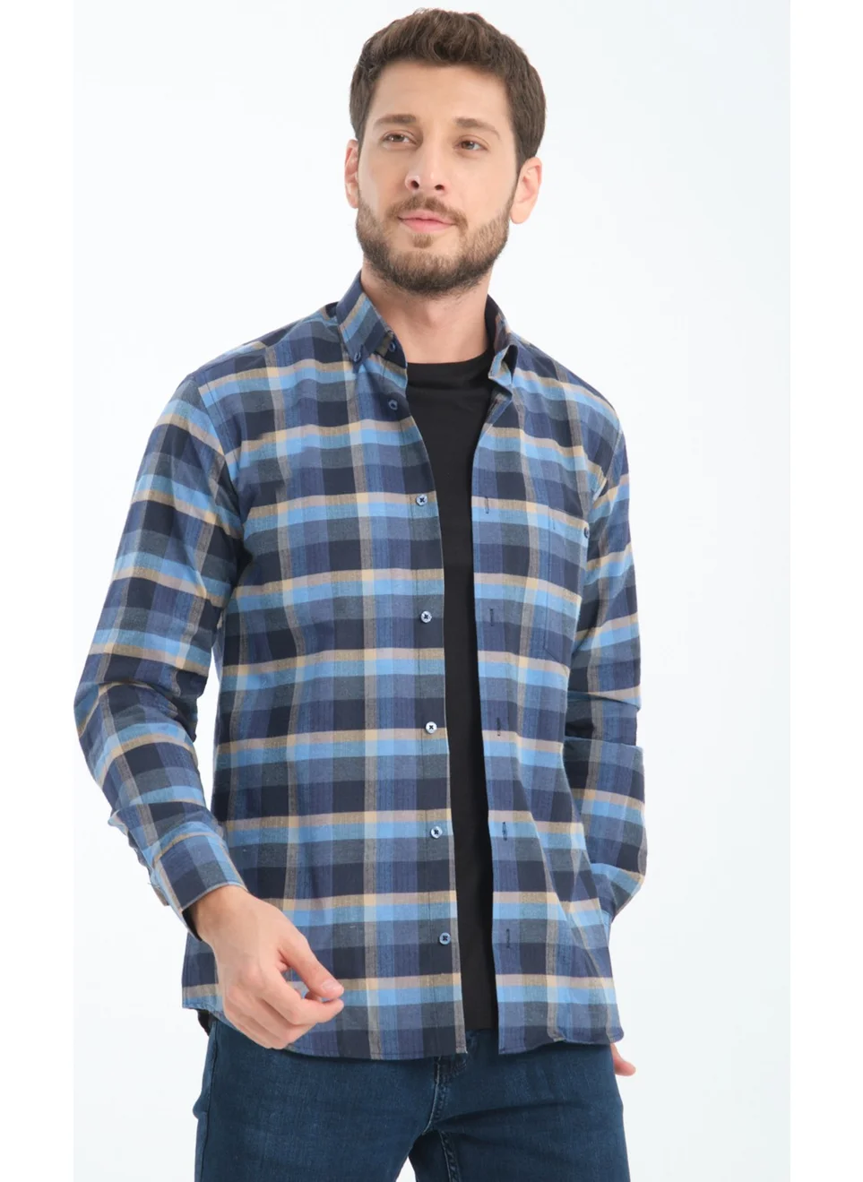 Varetta Men's Navy Blue Checkered Winter Woolen Pocket Wide Cut Shirt