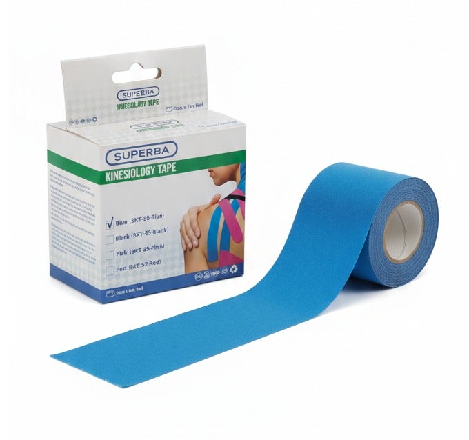 SUPERBAA Superba Kinesiology Tape - 5cm x 5m Professional Elastic Sports Recovery Tape for Muscle Support, Pain Relief & Injury Recovery - Water Resistant & Breathable - Blue - Image 1