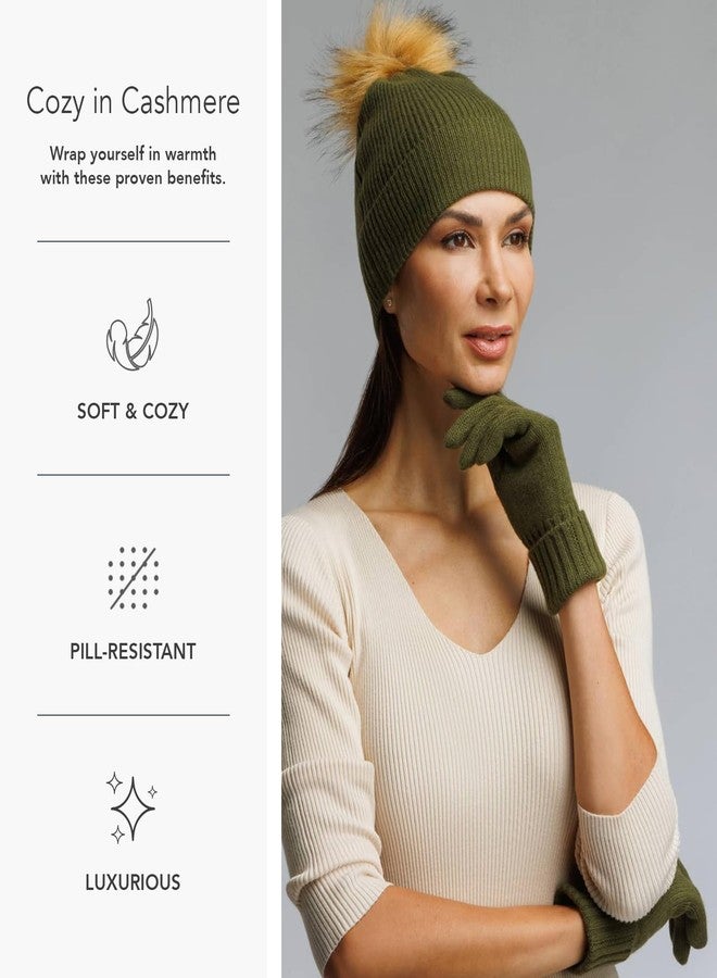 Fishers Finery Women's Cashmere Pom Hat and Glove Set; Gift Box (Olive) - Image 3